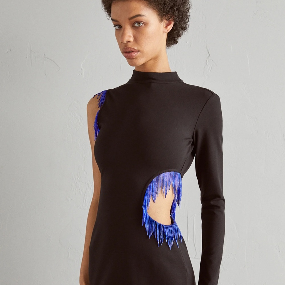 STAUD Kirsten One-Sleeve Cut-Out Fringed Column Maxi Dress